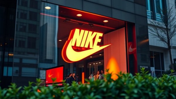 Illuminated Nike logo storefront reflecting automation themes.