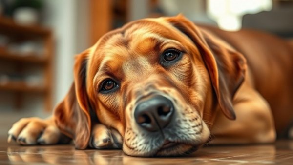 Elderly Labrador retriever resting indoors, gentle expression.