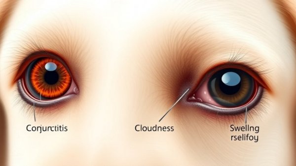 Conjunctivitis symptoms in dog and cat eyes with annotations.