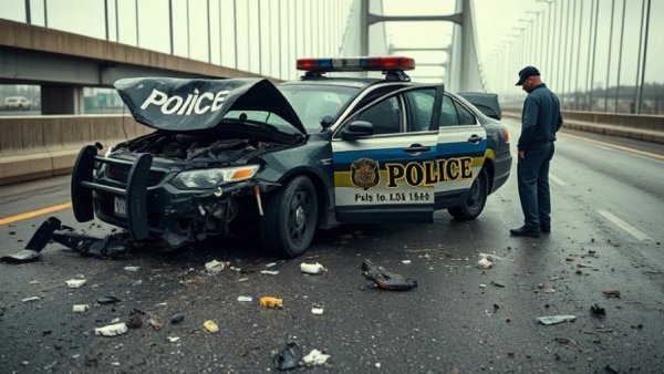 Damaged police vehicle in accident scene highlighting Police Pursuit Safety.