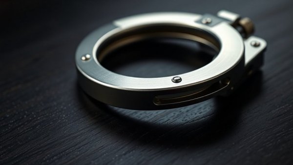 Shiny metallic handcuffs on wooden surface, police safety news.