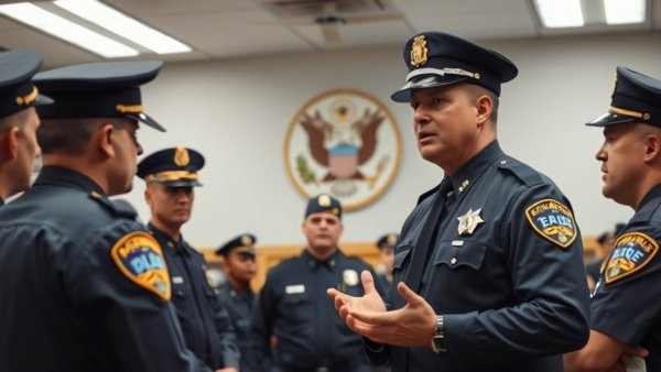 Law enforcement leadership briefing at modern police station.