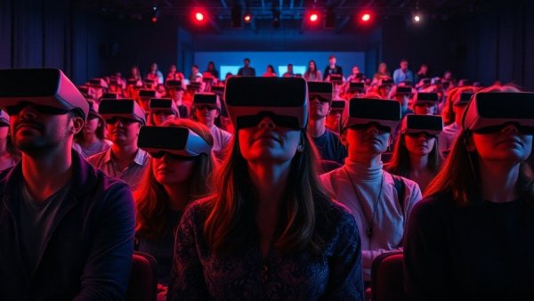 Mixed reality theater collage featuring performers and audience in immersive setting.