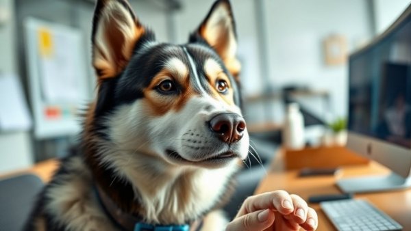 Husky using Dogosophy Button for Service Dogs in office.