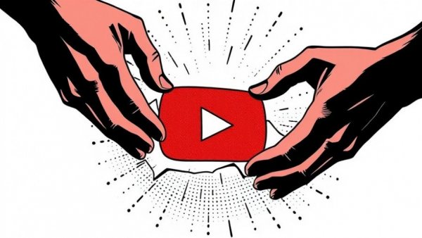 Abstract depiction of hands revealing YouTube logo, pop art style.
