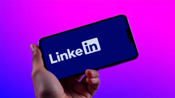 Smartphone displaying LinkedIn logo, purple blue gradient background, AI Search Visibility feature.