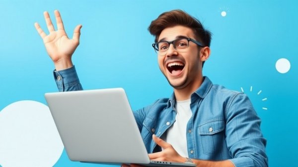 Joyful man celebrates success with laptop, Improve Google Ads Conversion Rate