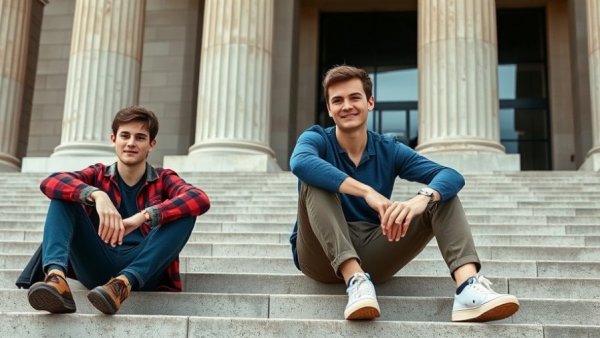Two friends sitting on steps outside, capturing a casual moment.