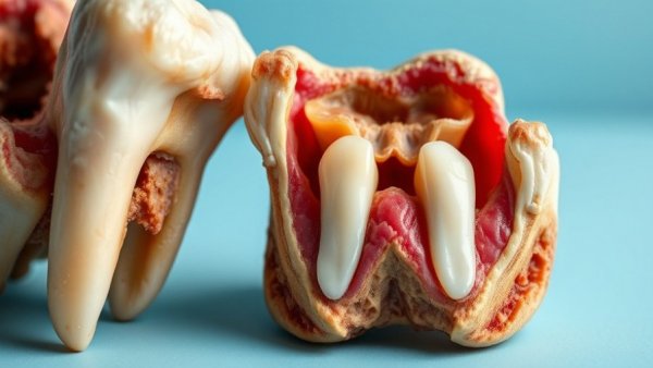 Extracted teeth showing decay and tissue, related to chevron lucency
