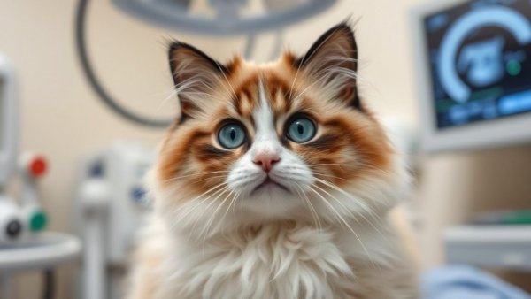 Ragdoll cat receiving ultrasound in emergency veterinary care.