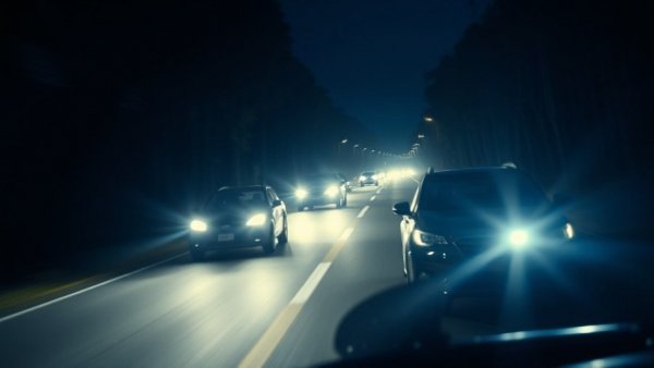 Nighttime police chase with bright headlights in forest, showcasing police pursuit strategies.