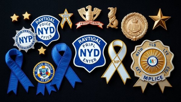 NYPD Self Support Group emblems, ribbons, and badges on black background