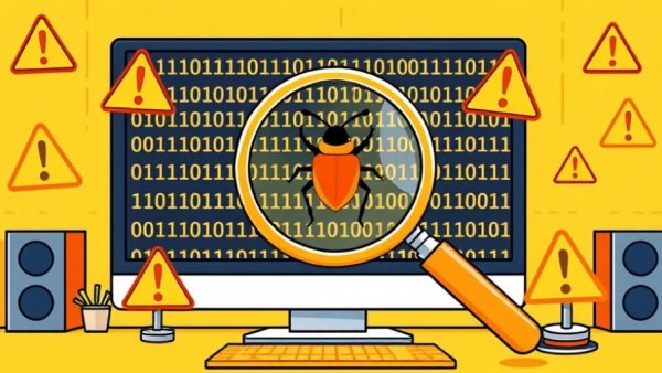 Cartoon of software bug with binary code and warning signs.