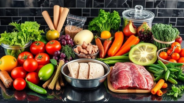 Colorful fresh pet food ingredients promoting fresh pet food movement.