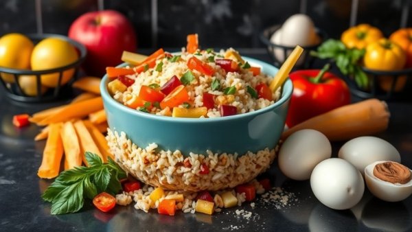 Colorful fresh pet food bowl with veggies and apples on countertop.