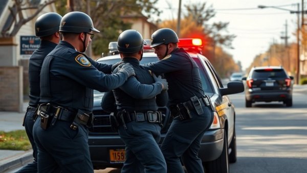 Law enforcement arrest highlighting immigration policies on suburban street.