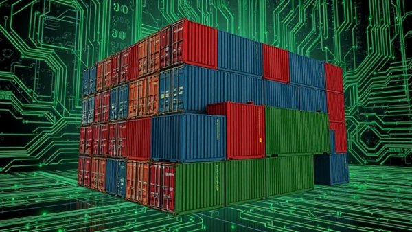 Futuristic shipping containers on digital circuit, representing Generative AI in Supply Chain Management.