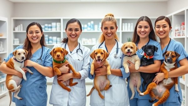 Veterinarians with animals in a clinic, related to Arizona SB 1144 education standards.