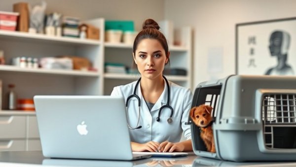 Veterinarian displaying senioritis while working at desk with pet carrier.