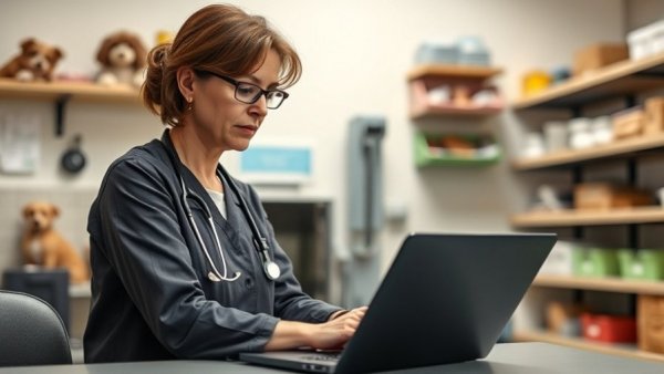 Veterinarian concentrating on work in bright office, highlighting veterinary practice senioritis.