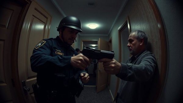 Tense encounter during fatal shooting by police in dimly lit apartment.