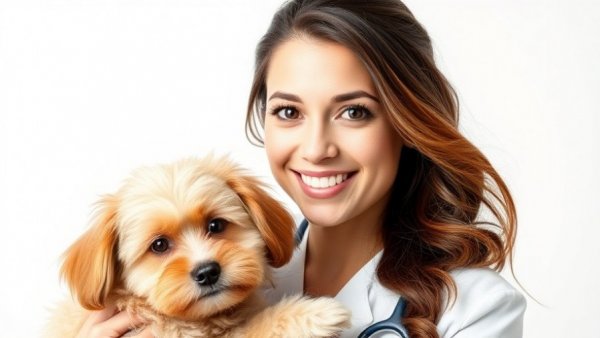 Professional veterinarian holding a fluffy dog during video interview about laser surgery for brachycephalic breeds.