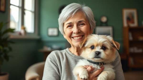 Joyful older woman holding a small dog indoors, enhancing drive dental product sales.
