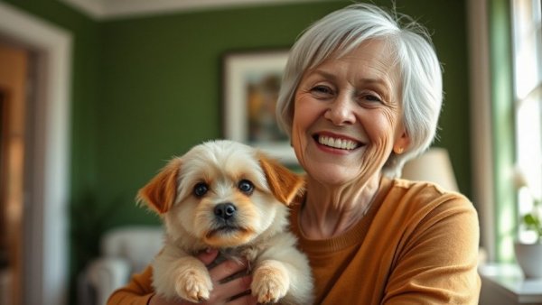 Older woman smiling with a small fluffy dog, warm light indoors.