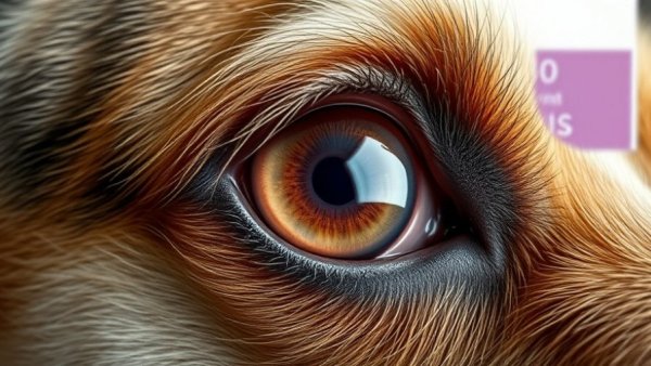 Close-up of a pet's eye with conjunctivitis symptoms in a medical slide.