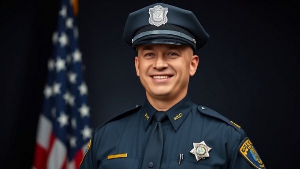 Police officer safety: officer smiling in uniform before a flag.