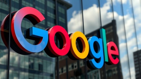 Google logo on modern building facade reflecting sky.