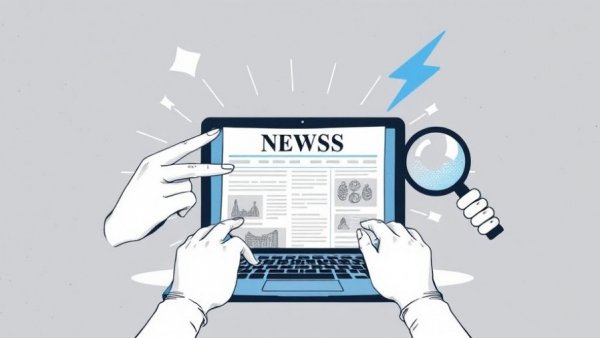 Abstract illustration of 'NEWS' with hands, laptop, and magnifying glass.