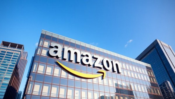 Amazon building facade on a sunny day, clear blue sky