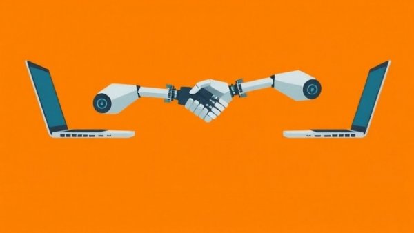 Robotic arms in laptops facilitating handshake, AI in business negotiations.
