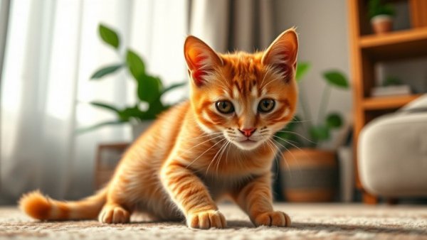 Content orange cat playing with a toy, indoor scene.