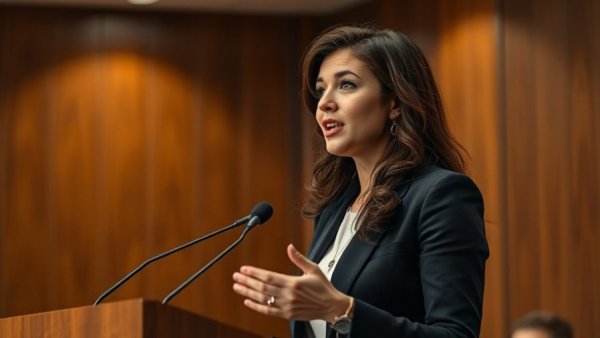 Confident female speaker at podium symbolizing leadership transformation.