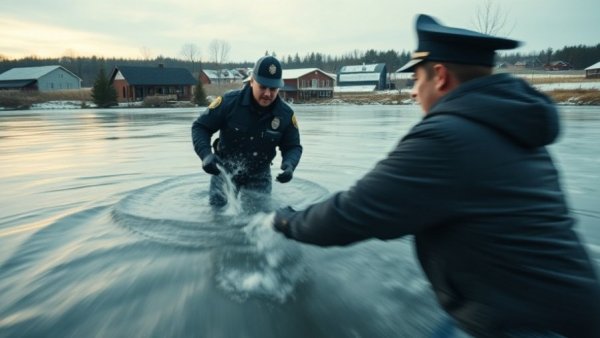 Police officer rescues teens from icy pond at dusk.
