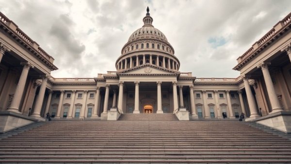Majestic U.S. Capitol steps showing grand architecture under cloudy sky.