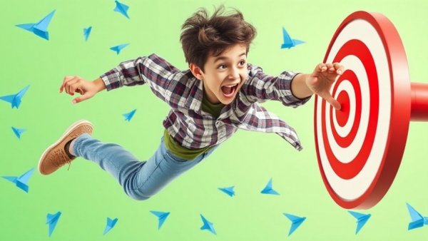 Energetic man jumping towards target in collage style.