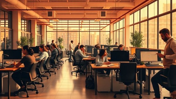 Vibrant coworking space with diverse individuals collaborating and working.