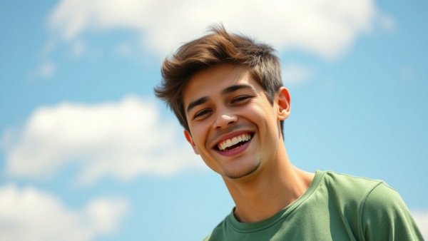 Happy young man in a green shirt outside, clear sky, police training reforms.