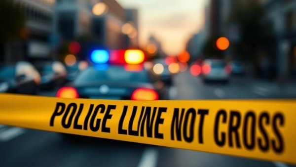 Police line tape with flashing lights for officer involved shooting.