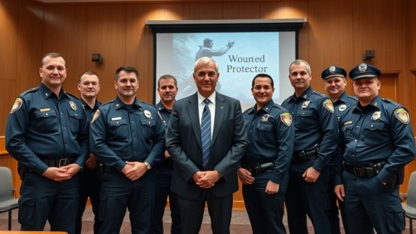 Group photo emphasizing ethical law enforcement leadership with presentation.