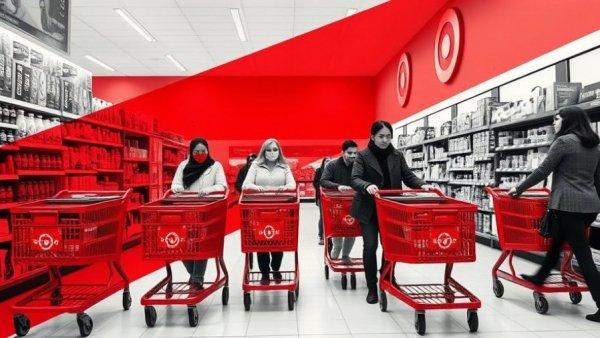 Target's strategic shift to in-store support visualized with shoppers and carts.