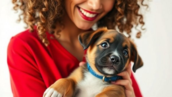 Smiling woman holding puppy in video interview setting.