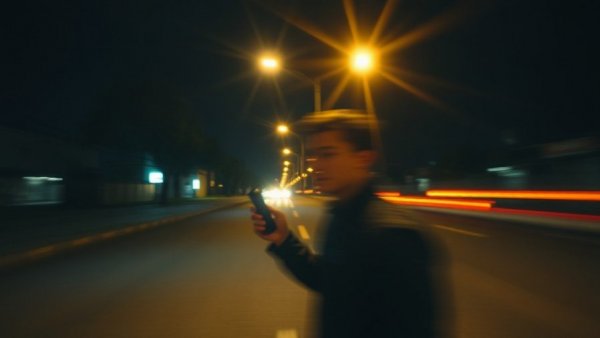 Blurred nighttime image on street focusing on safety with artificial lighting.