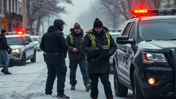 Tense encounter with vehicles and officers in snowy street.