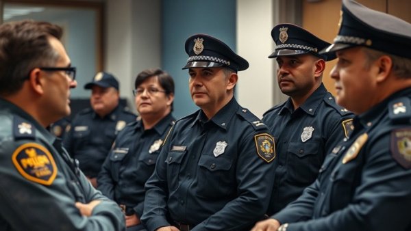 Police officers participate in an ethical leadership meeting.