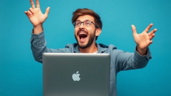 Young man celebrating success on laptop with raised arms on blue background.