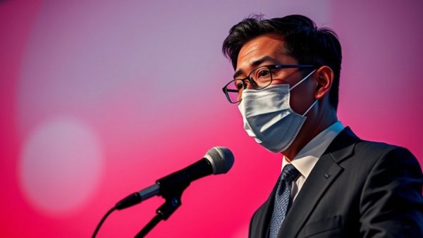 STEM expert speaking with mask at microphone, public speaking event.